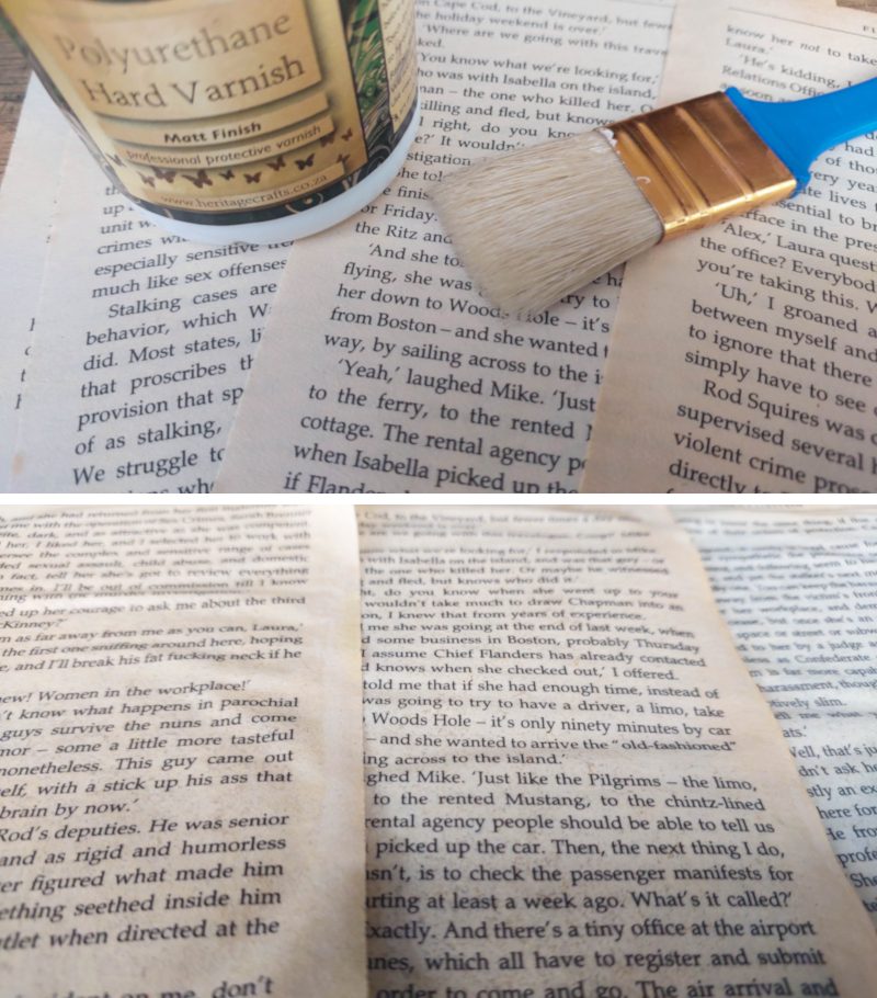 Paint the book pages with hard varnish or mod podge to protect them
