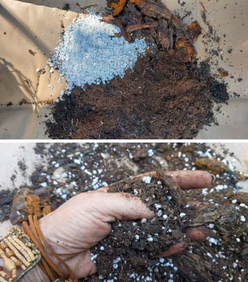 A split image showing how to mix a lightweight, easy draining soil for containers