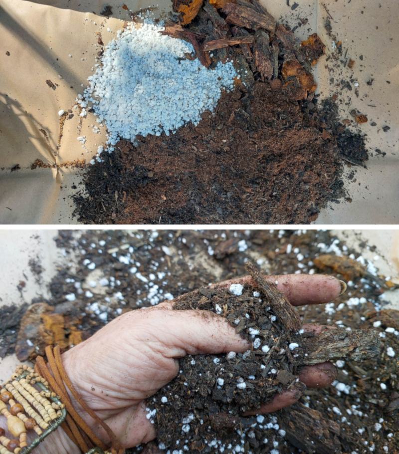 A split image showing how to mix a lightweight, easy draining soil for containers