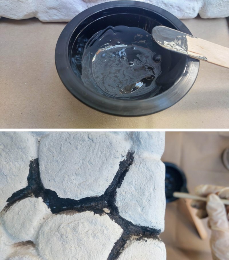 A split image of a bowl with dark grey paint at the top and faux unpainted pebbles at the bottom
