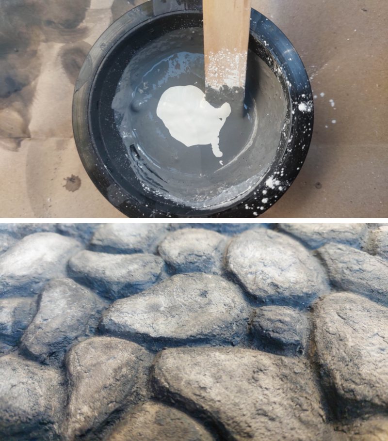 A split image of a bowl with light grey paint at the top and faux pebbles at the bottom