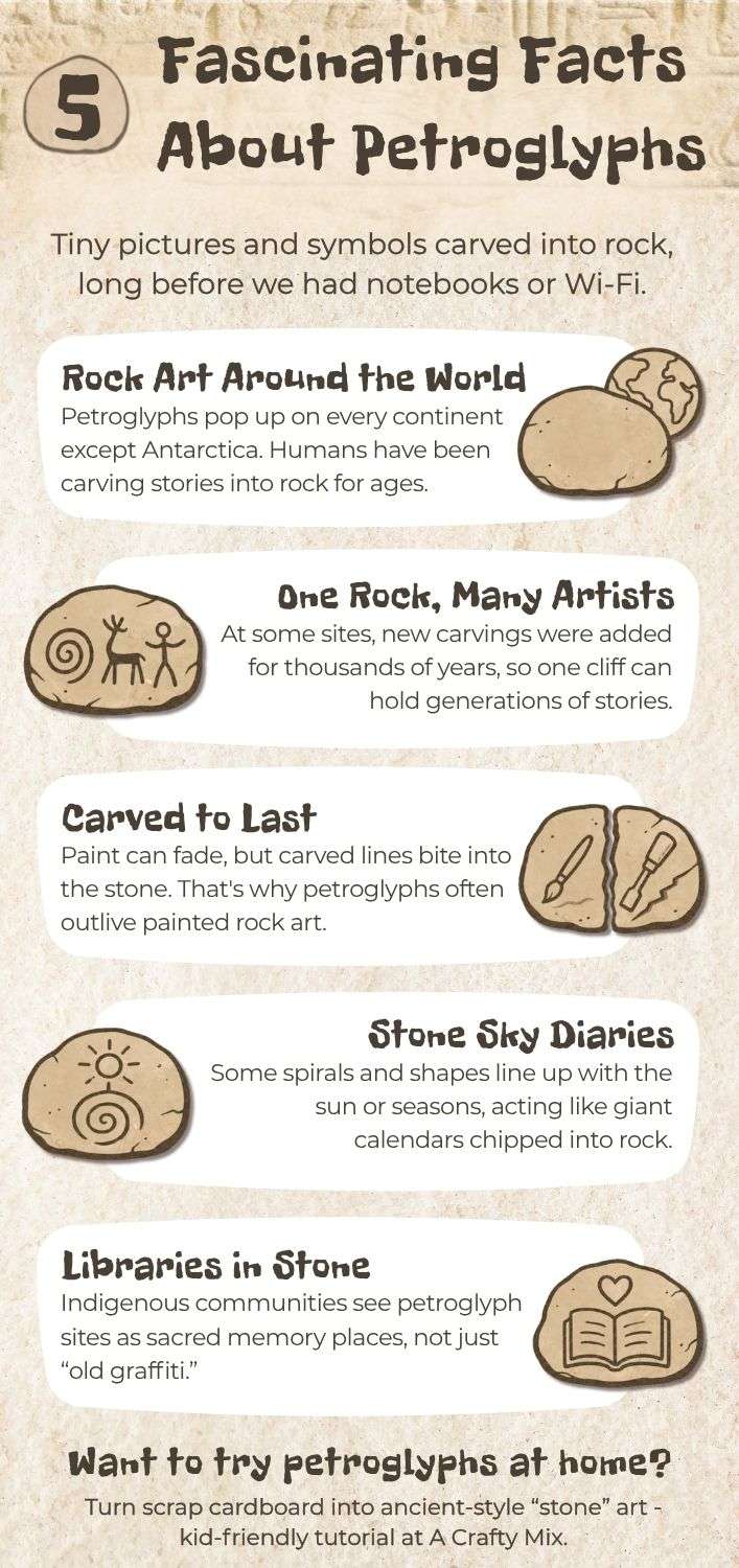 Infographic with five fascinating facts about petroglyphs