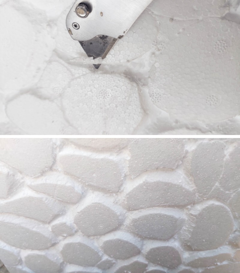 Close ups of a craft knife cutting pebble shapes in a cooler box