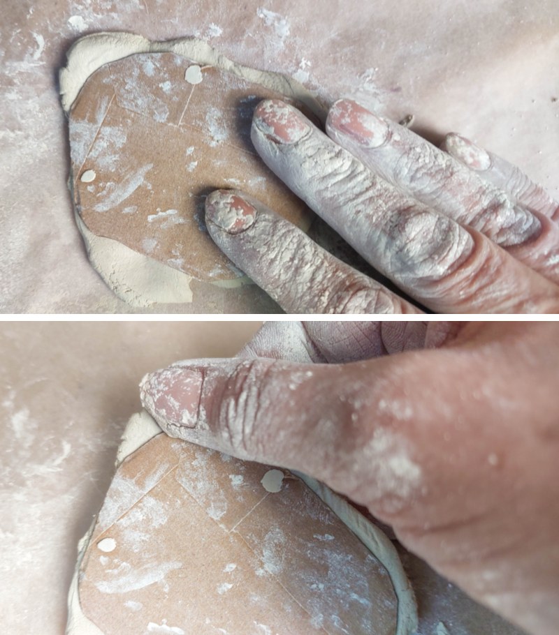 Press the cardboard petroglyphs stamps into the clay