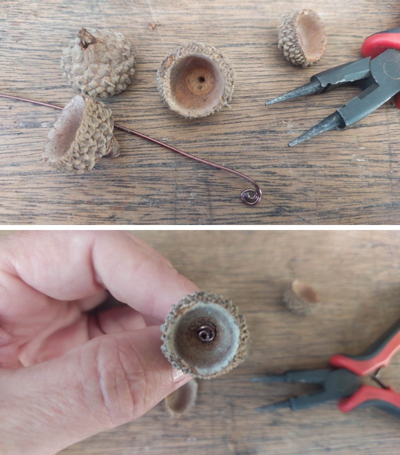 Twist one end of the wire into a small spiral and insert into the acorn cap