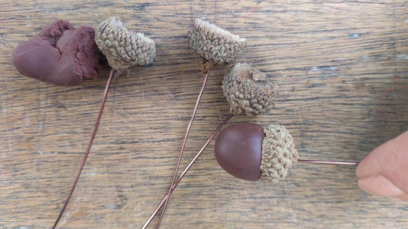 WIP acorn caps and craft wire ready for assembling into napkin rings