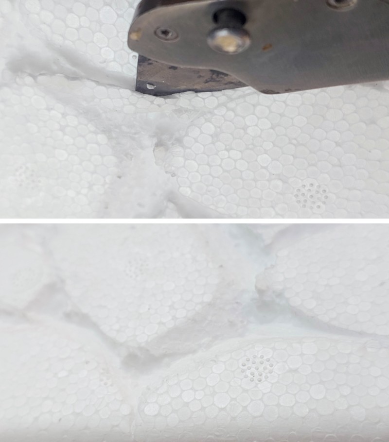 Close ups of a craft knife cutting pebble shapes in a cooler box
