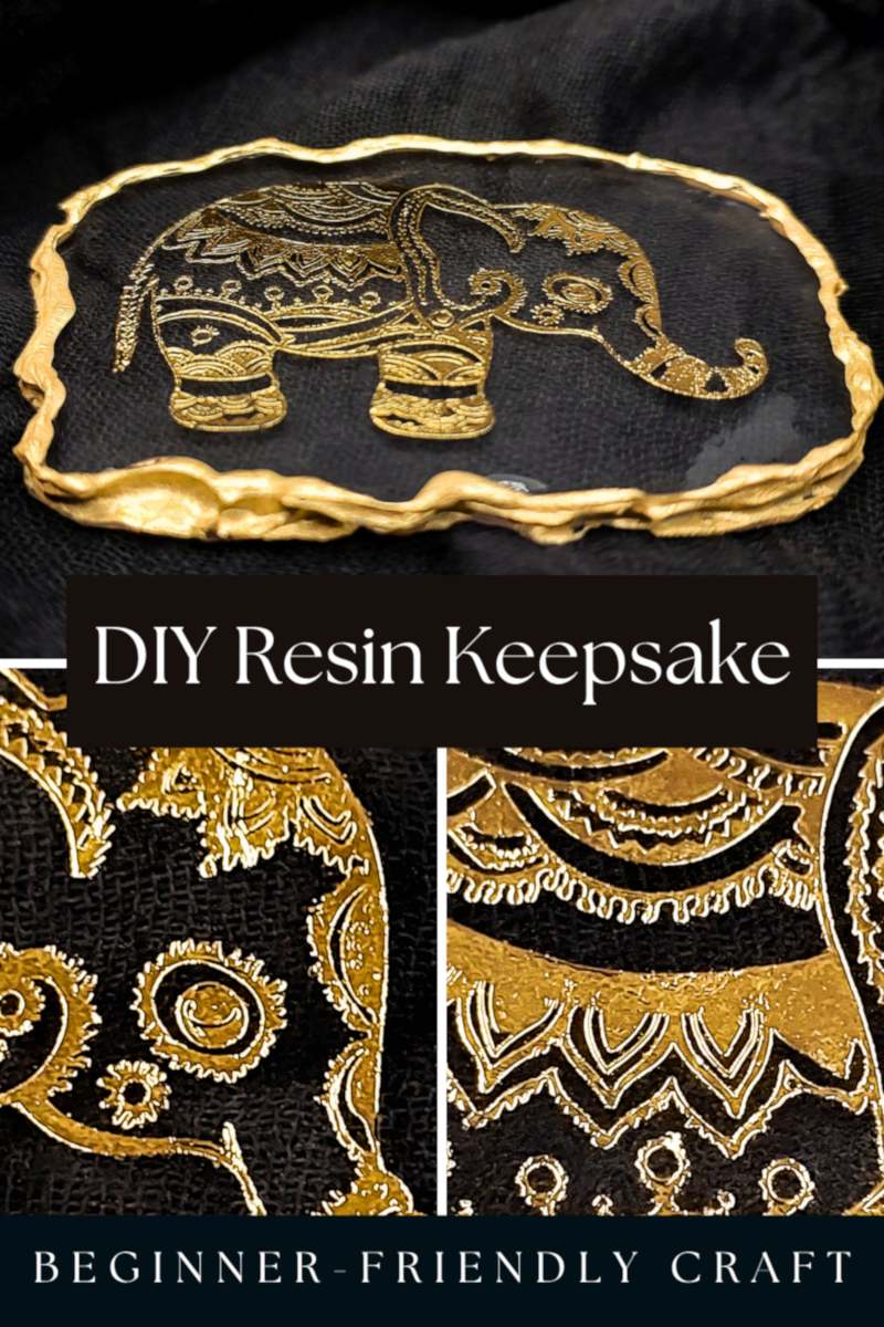 Gold elephant design set in clear resin with a textured gold edge, shown above text reading “Beginner-Friendly Resin Keepsake.”