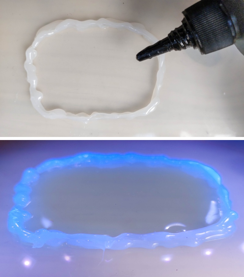 Pour a thin layer of UV cure resin in the hot glue reservoir