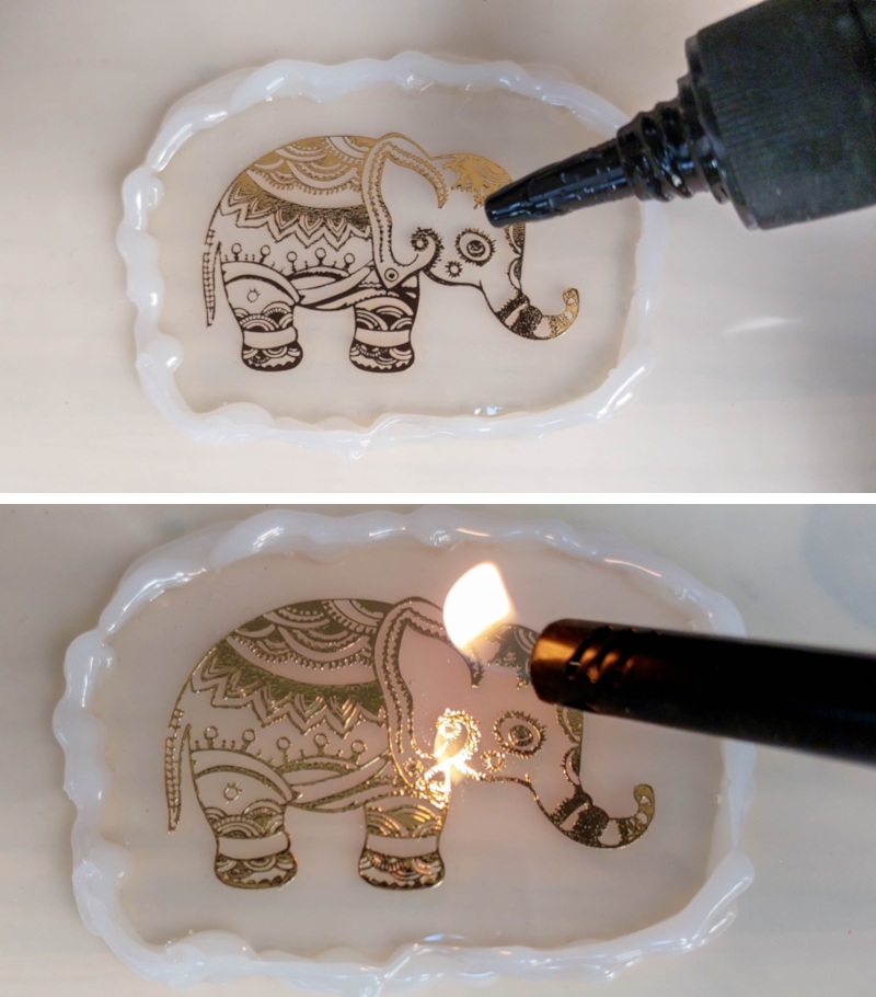 Use a lighter to pop any bubbles in the resin