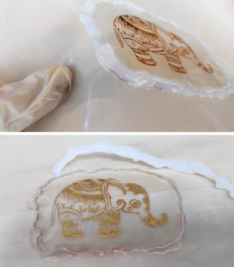 Remove the resin keepsake from the silicone mat and peel away the glue reservoir
